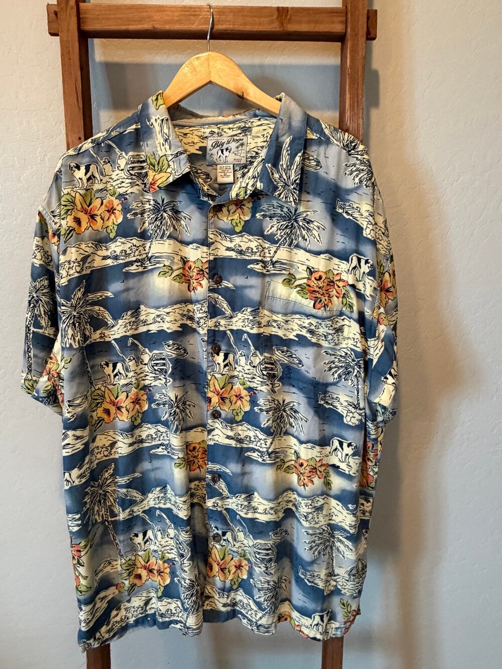 Big Dogs Hawaiian Shirt Men’s 2X Blue Tropical Rayon Aloha Button Up